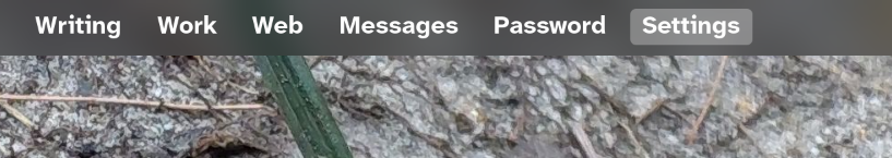 A screenshot of my workspace names, left-to-right: Writing, Work, Web, Messages, Password, Settings