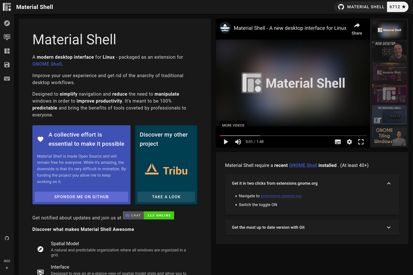 Screenshot of Material shell Website